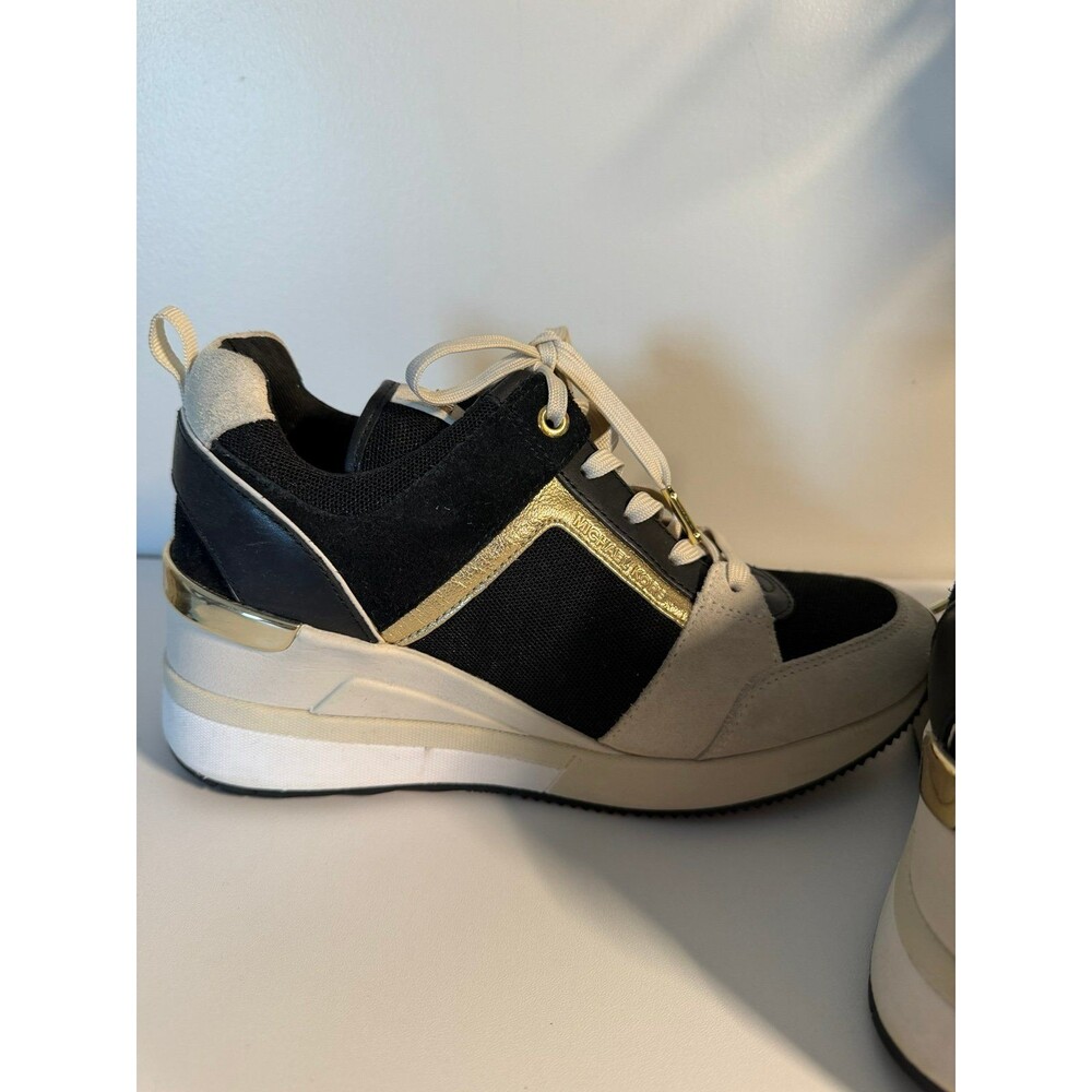 Michael Kors Womens Sneakers Size 7 Black Beige Gold Trainer Fashion Shoes - Picture 5 of 11